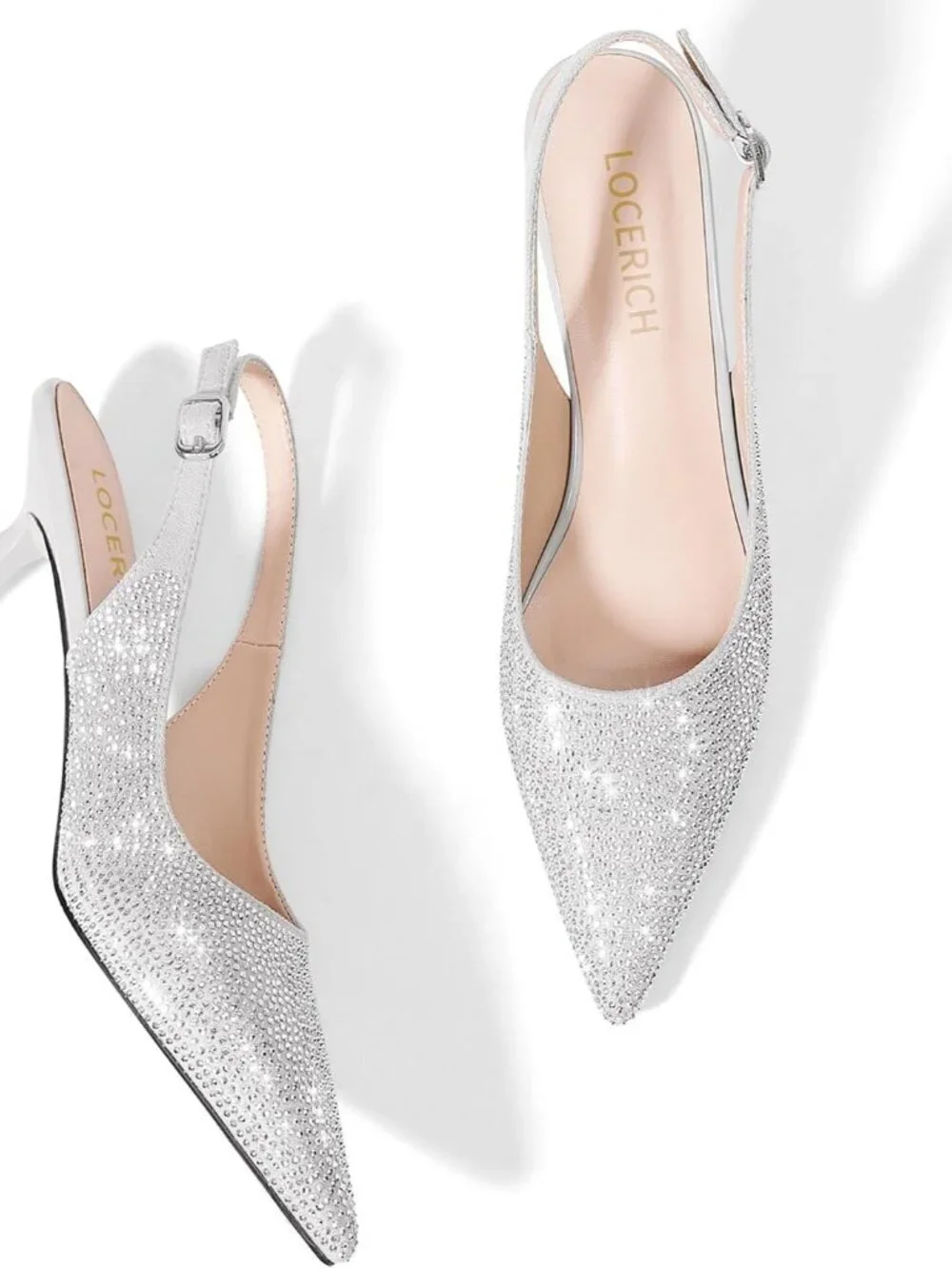 Women's Silver Kitten Slingback Low Heels Dress Shoes Closed Toe Pumps